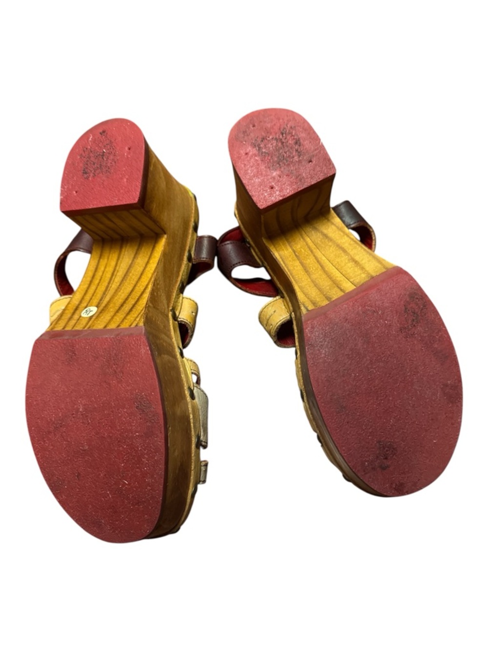 Bed Stu Anthropologie Platform Heel Clog Ankle Strap Sandals Yellow Brown 9 - Picture 8 of 12